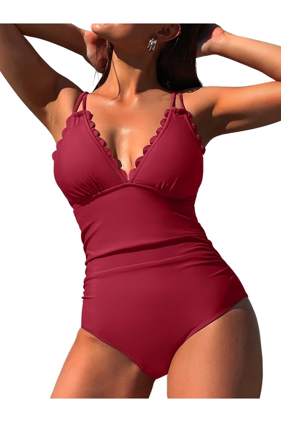 Scalloped One Piece Swimsuit Women Ruched Tummy Control Bathing Suit Cut Out Monokini Swimwear