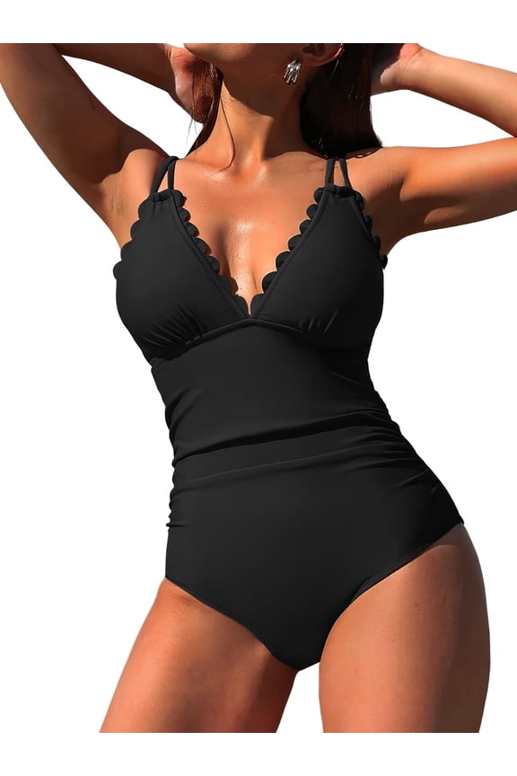 Scalloped One Piece Swimsuit Women Ruched Tummy Control Bathing Suit Cut Out Monokini Swimwear