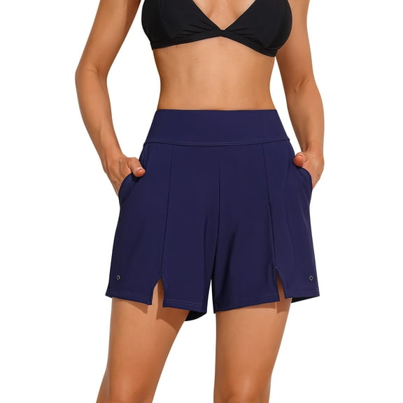 Charmo Womens V Slit Swim Shorts with Pockets High Waisted Bermuda Shorts