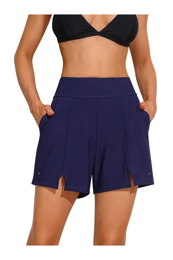 Womens V Slit Swim Shorts with Pockets High Waisted Bermuda Shorts