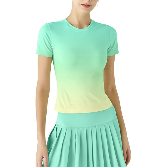 Charmo Workout Tops for Women Short Sleeve Seamless Gym Shirts Gradient Yoga Top Slim Fit