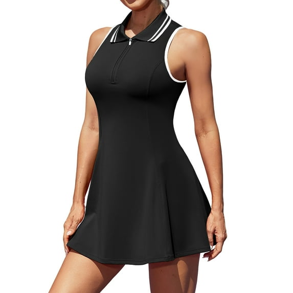 Charmo Zipper Tennis Dress for Womens Polo Workout Golf Dress with Shorts and Pockets