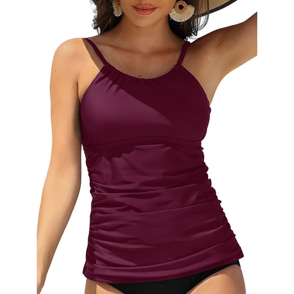 Charmo Women's High Neck Tankini Tops Built-in Bra Only Tummy Control Swimsuit Tops Ruched Swim Tops Without Bottoms