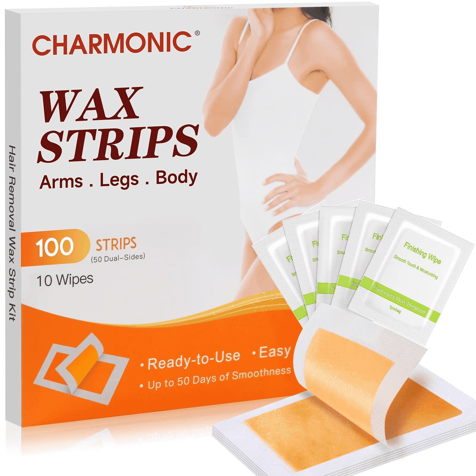 Charmonic 100pcs Wax Strips for Hair Removal, All-Over Body Wax Hair Removal Kit for Women & Men with 10 After-Wax Wipes