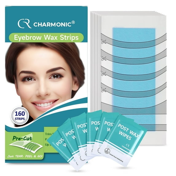 Charmonic 160-Pc Eyebrow & Face Waxing Kit | Pre-Cut Strips for Eyebrows, Upper Lip, Cheek | Includes 10 Soothing Post-Wax Wipes | At-Home & Travel Friendly