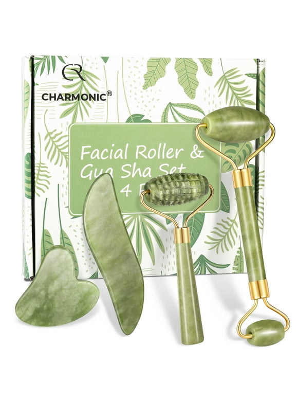 Charmonic 4pcs/set Jade Roller and Gua Sha Set Facial Massager Skincare Beauty Tools for Anti-aging, Gentle Skin, Remove Wrinkles & Eye Puffiness