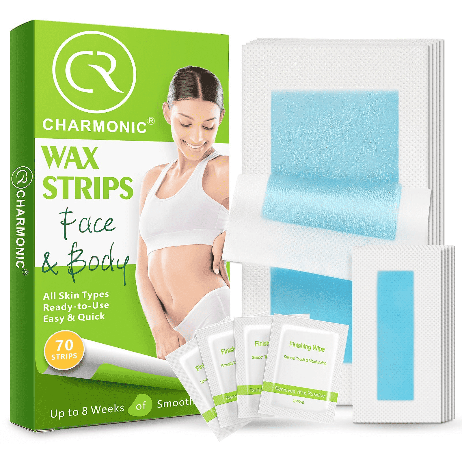 Charmonic 70 Counts Hair Remover Waxing Strips Body & Face, At Home Waxing Kit (2 Sizes 70 Strips+ 4 Wipes)
