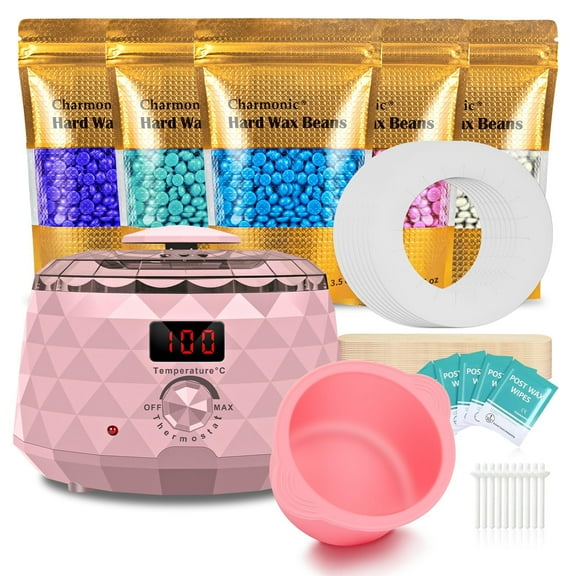 Charmonic Depilatory wax,Wax Warmer, Digital Waxing Kit with Silicone Pot & 500g Hair Wax Beans for Whole Body Brazilian Bikini Legs Armpit Nose Hair Removal(Pink)