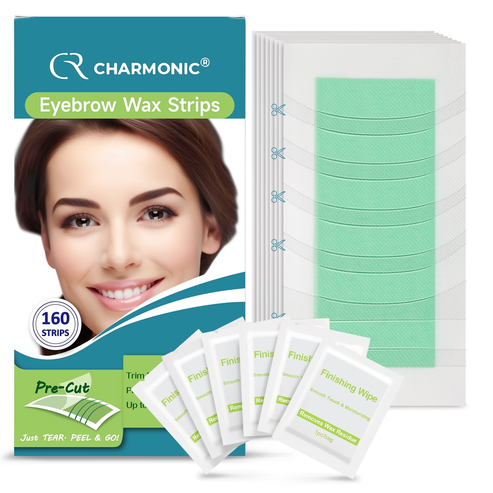 Charmonic Eyebrow Wax Strips - Pre-cut 160 Count, Eyebrow Waxing Kit for Eyebrow Shaper and Face Hair Removal for Women Contains 6 After-Wax Wipes