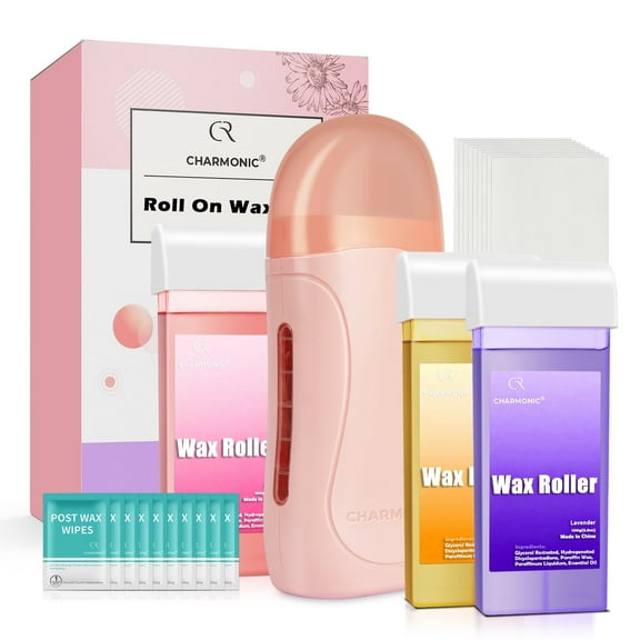 Charmonic Roll On Wax Kit, Portable & Easy-to-Use Wax Roller for All Skin Types, with 3 Wax Cartridges (300g), 100 Strips & After Care Oil (F1_Pink)