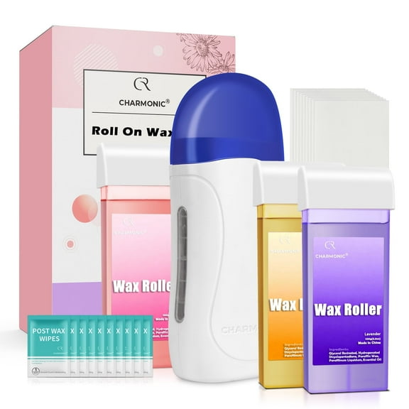 Charmonic Roll On Wax Kit, Portable & Easy-to-Use Wax Roller for All Skin Types, with 3 Wax Cartridges (300g), 100 Strips & After Care Oil (F1_White)