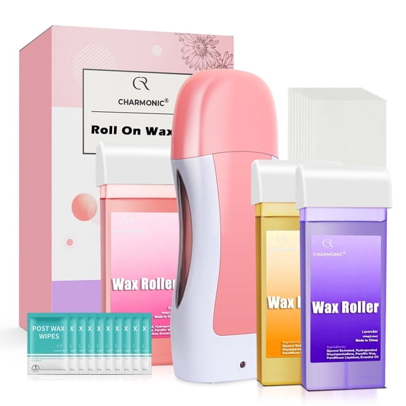 Charmonic Roll On Wax Kit, Wax RollerAll-In-One Roll On Wax Ki Kit for Hair Removal - 3 Cartridges (Coarse/Fine Hair), 100 Woven Strips & Aftercare Wipes | All Skin Types, Beginner-Friendly (F3_Pink)
