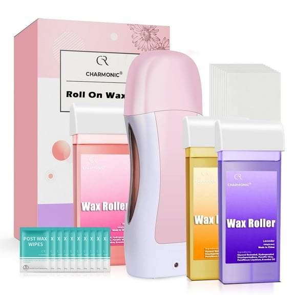 Charmonic Wax Roller Kit for Hair Removal - 3 Cartridges (Coarse/Fine Hair), 100 Woven Strips & Aftercare Wipes | All Skin Types, Beginner-Friendly (F3_LightPink)
