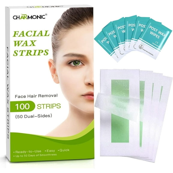 Charmonic Facial Wax Strips for Women, 100 Count - Face, Eyebrow, Upper Lip & Cheek Hair Remover | All Skin Types, Quick & Painless At-Home Waxing Kit with 6 Soothing Wipes