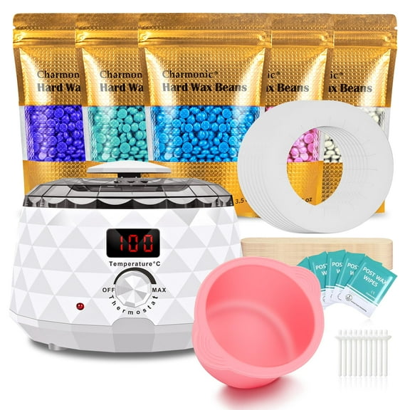 Charmonic Wax Warmer, Upgrade Digital Waxing Kit with Silicone Pot & 500g Hard Wax Beads for Whole Body Brazilian Bikini Legs Armpit Nose Hair Removal, Hot Wax Machine (White)