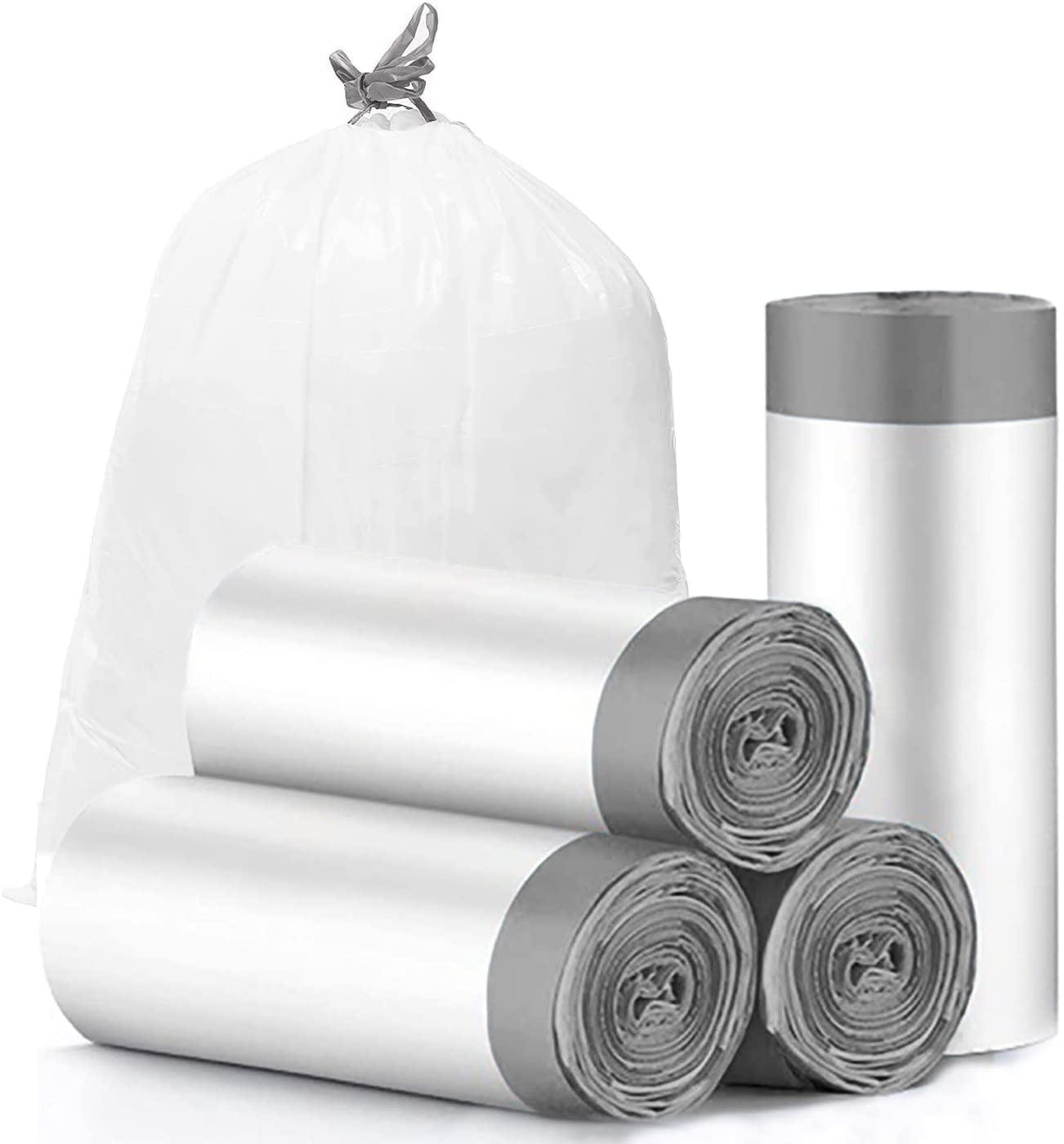 Charmount Drawstring 4 Gallon Trash Bags, Small Trash Bags, 60 Count (15  Liter)(Grey drawstring）, Unscented Trash Can Liner 