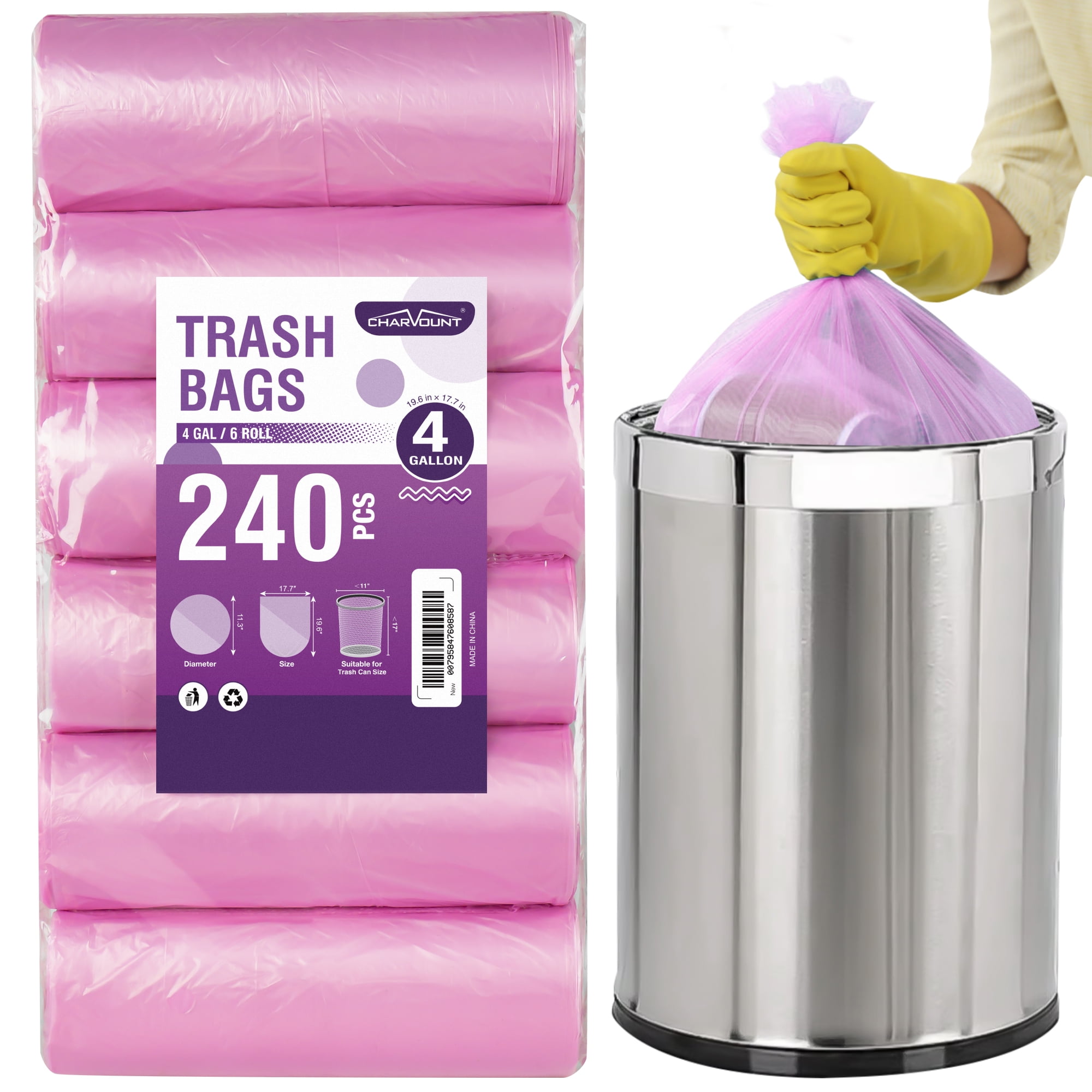 5 Rolls Small Trash Bags - 200 Counts Durable 4 Gallon Small Garbage Bags  for home office kitchen Bathroom Bedroom Trash Can liners（Pink）