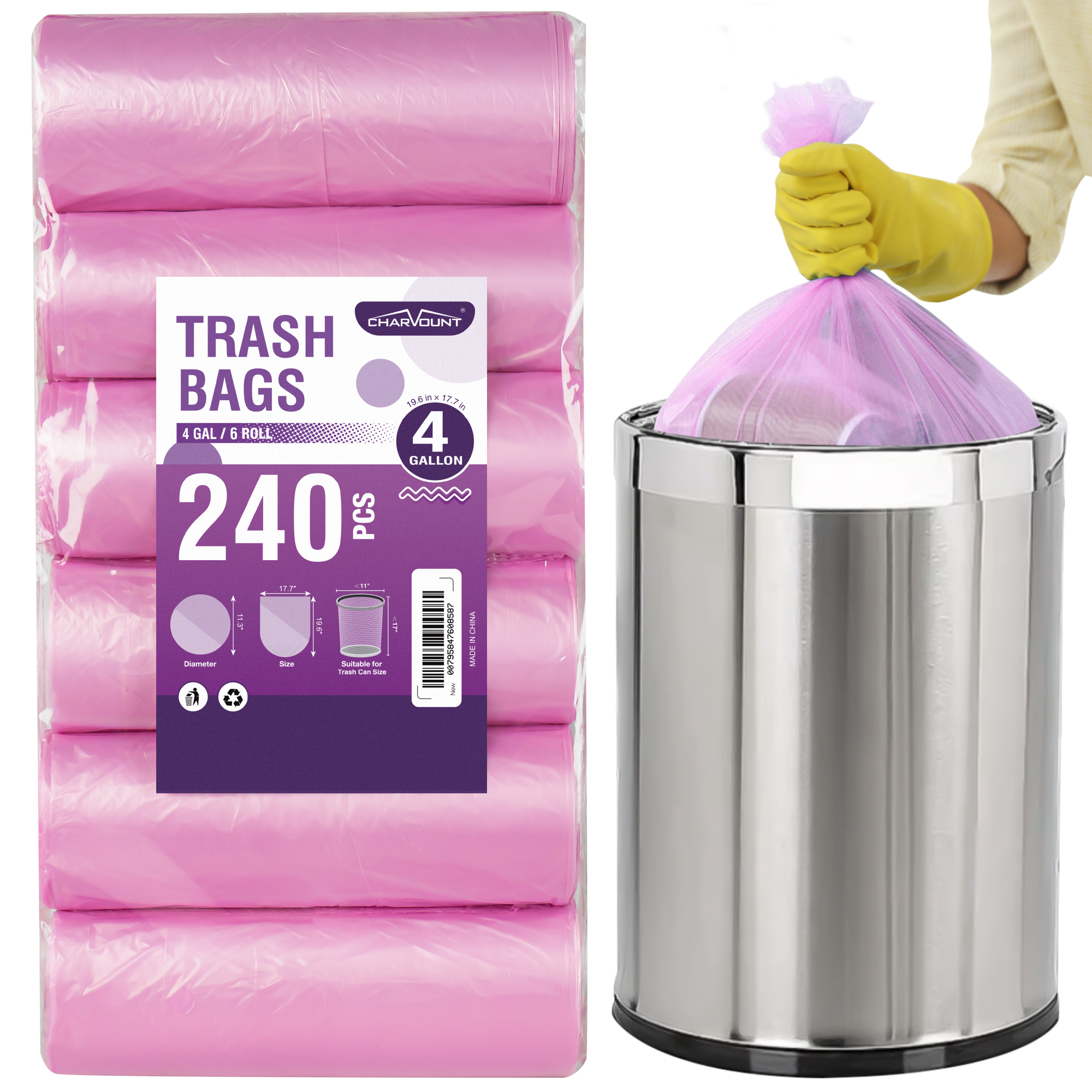 Hero Small Trash Bags, 4 Gallon, 40 Bags (Lemon Scent), Odor Neutralizer, Flap Ties