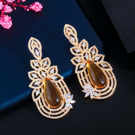 Charmpagne CZ Big Drop Leaf Flower Dangle Earring for Fiancee Engagement Jewelry