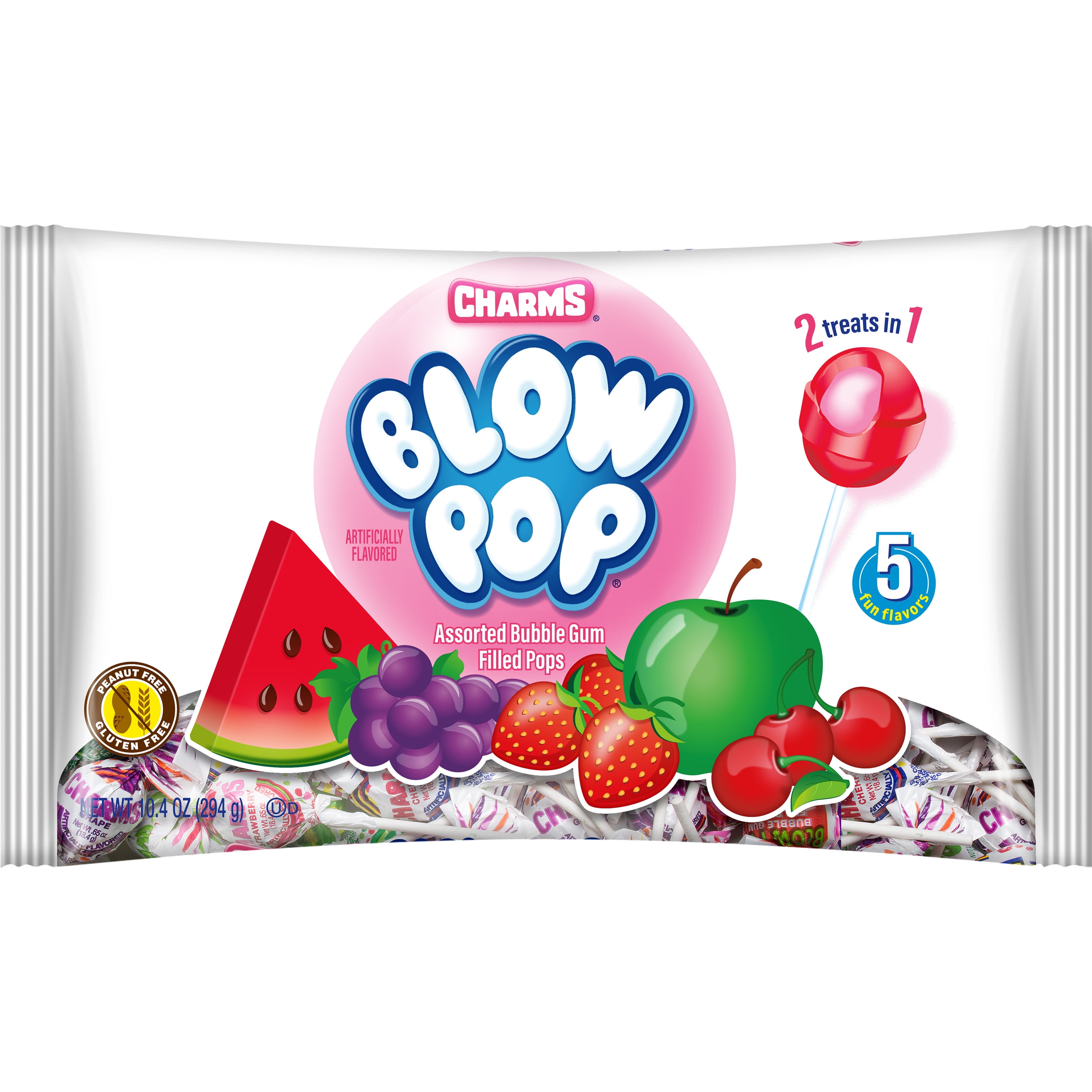 Charms Blow Pop, Assorted Bubble Gum Filled Pops, 10.4 oz. Peanut Free, Gluten Free. May contain Milk & Soy.