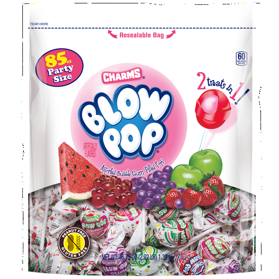Charms Blow Pop, Assorted Flavors Bubble Gum Lollipops, 46.75 oz. Resealable Bag. Peanut Free, Gluten Free. Milk and Soy may be present.