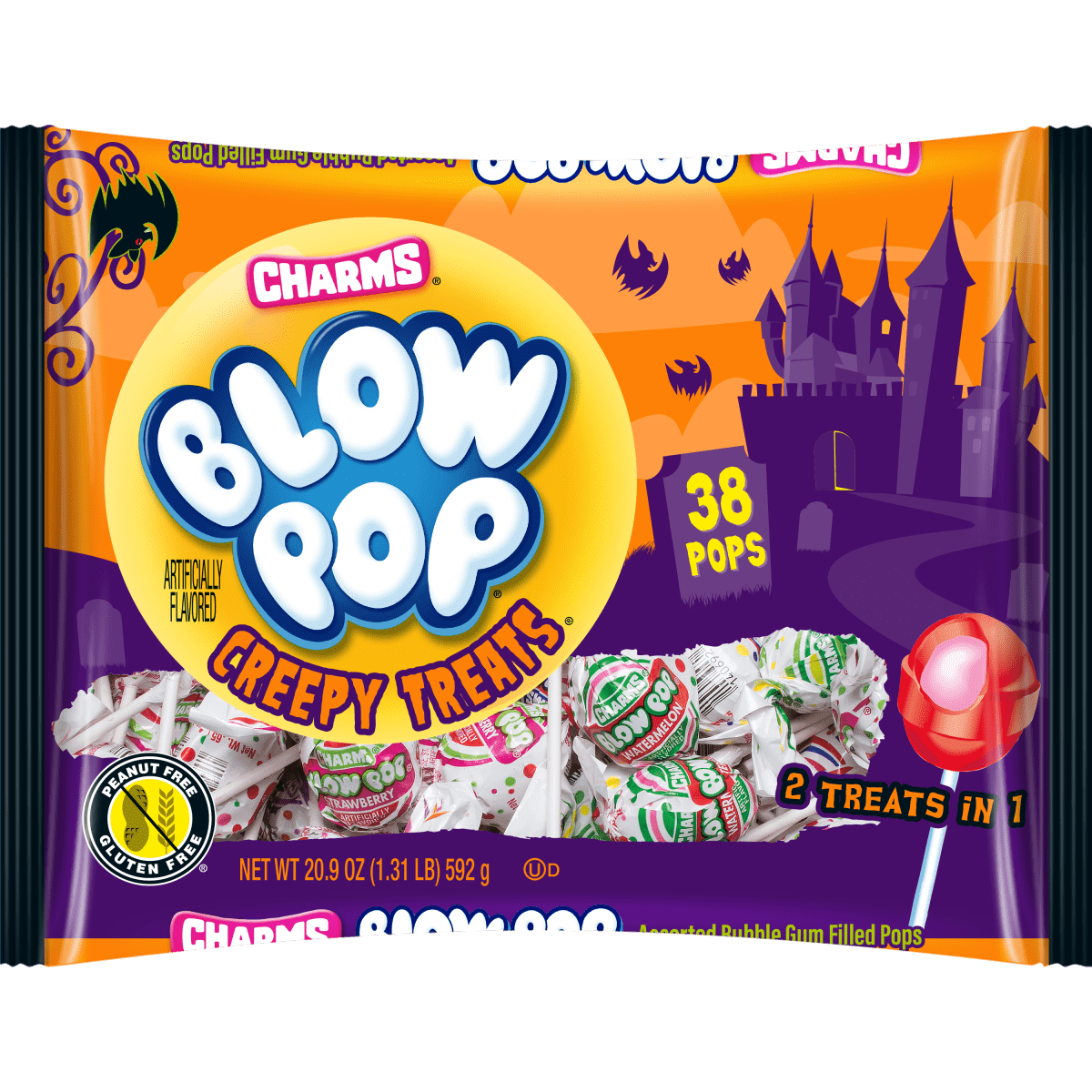 Charms Blow Pop, Halloween, Bubble Filled Gum Lollipops, 20.9 oz, 38 Piece Bag. Milk & Soy may be present.