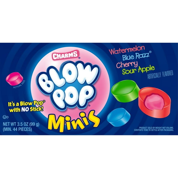 Charms Blow Pop, Minis Assorted Flavors, 3.5 oz. Peanut Free, Gluten Free. Milk and Soy May Be Present.