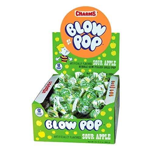 Charms Blow Pop Sour Apple  Bubble Gum Filled Lollipops, 48 Count Box