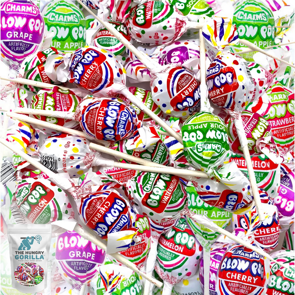Charms Blow Pops Lollipops with Bubble Gum Center - 2lb Assorted Flavors Bulk Candy Bag - The Hungry Gorilla