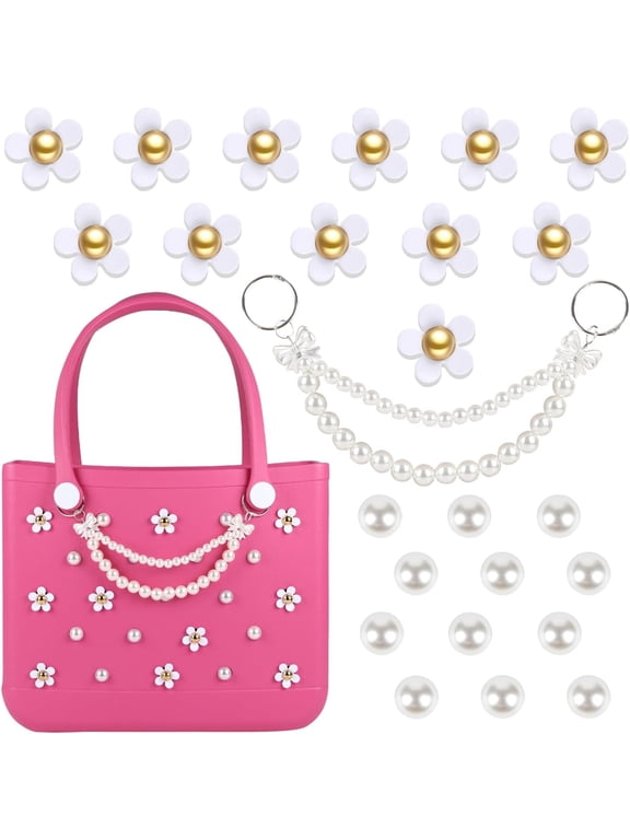 Charms for Bogg Bag,Decorative Flowers Pearls and Chain Set for Rubber Tote Bag, Must Have Accessories for Totes Women Girls Simply Southern Beach Bling Decoration