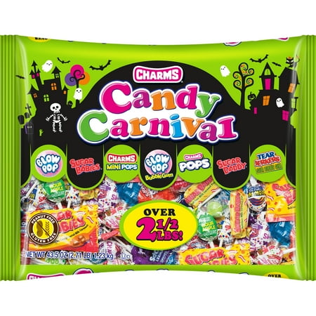 Charms Candy Carnival, Assorted Halloween Chewy Candy, Individually Wrapped, 39.85 oz. Peanut Free, Gluten Free. Milk, Soy and Egg May Be Present.