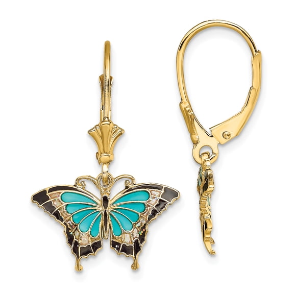Charms Collection 14K w/Aqua Enameled Wings Butterfly Leverback Earrings