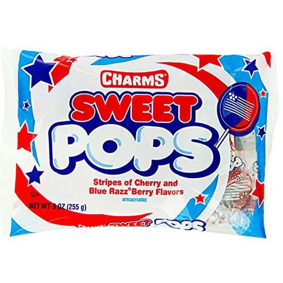 Charms Sweet Pops Lollipops Patriotic USA Flag Cherry Blue Razz Flavor 15-Piece 9 oz Bag