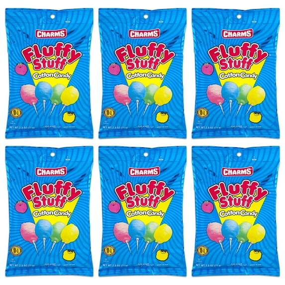 Charms Fluffy Stuff Cotton Candy 2.5 Oz (Pack of 6) Candy Treats Party Favors & Stocking Stuffer on Birthdays Halloween, Thanksgiving, Christmas