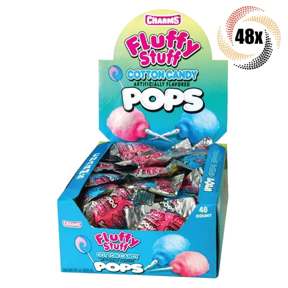 Full Box 48x Pops Charms Fluffy Stuff Cotton Candy Blow Pops Lollipop - .65oz