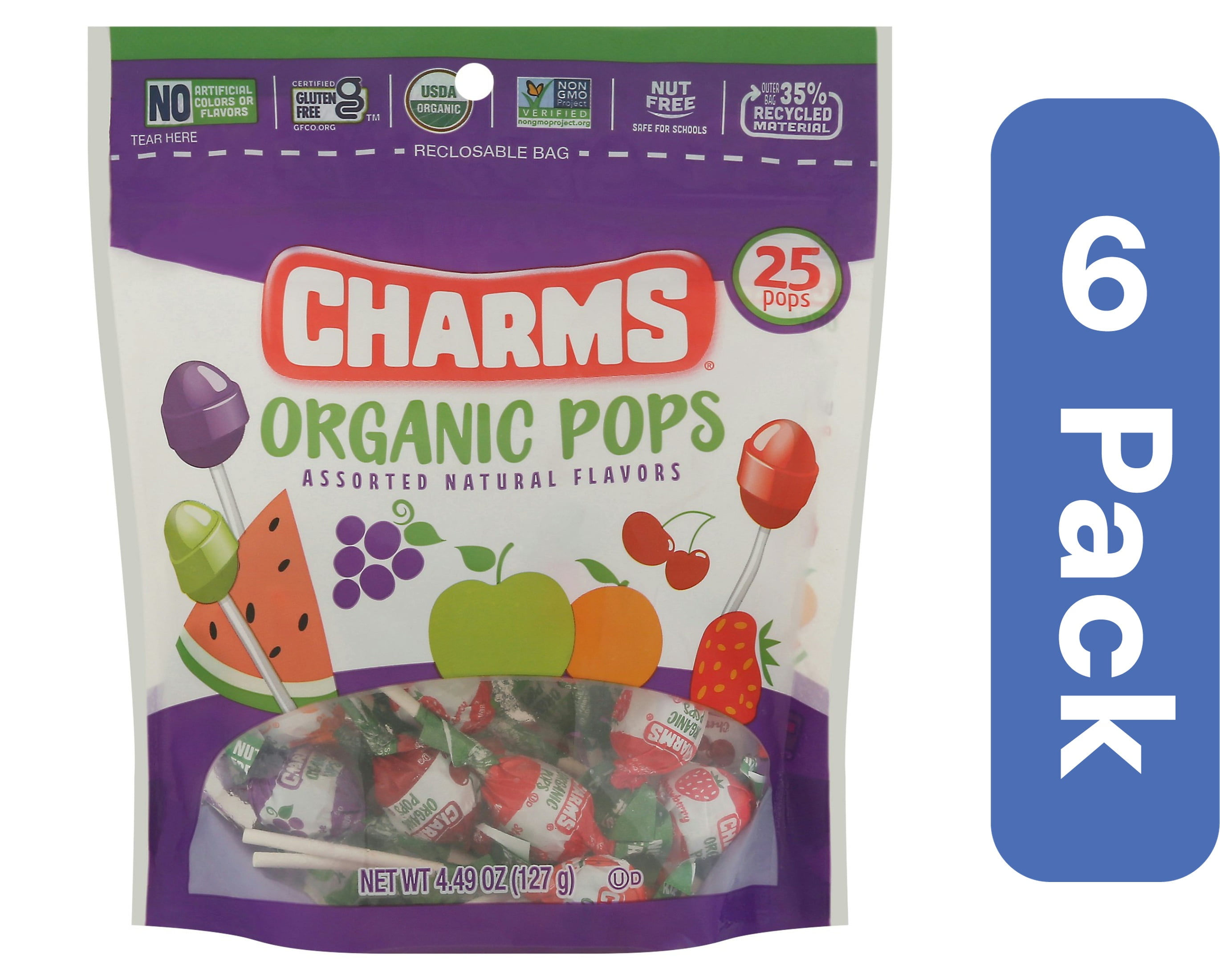 Charms Lollipops Variety 25 ct Organic 4.49 oz (Pack Of 6)