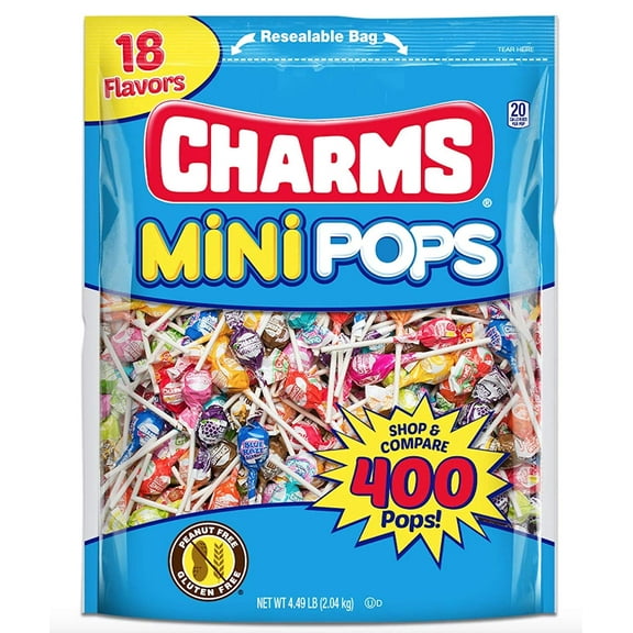 Charms Mini Pops 18 Assorted Lollipop Flavors with Resealable Bag (400 Count) Peanut Free, Gluten Free