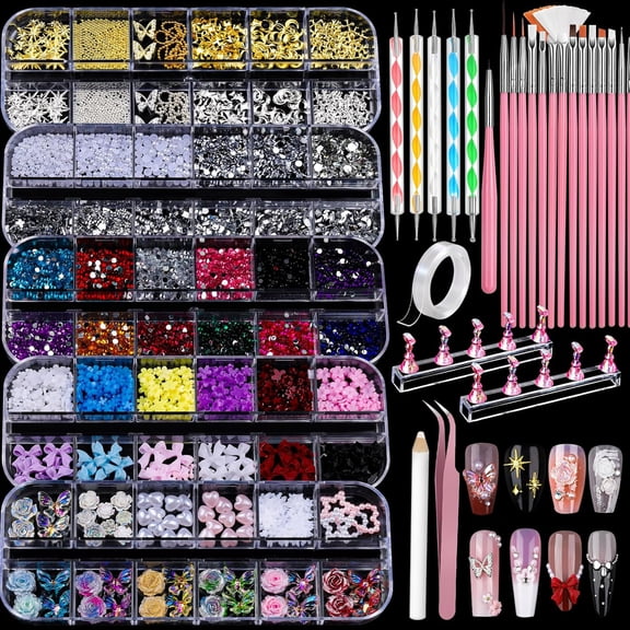 Charms and Nail Art Tools Set, Nail Art Kit with 5 Boxes of 3D Nail Charms and Gems Rhinestones, 15 Pcs Nail Art Brushes, 5 Pcs Nail Dotting Tools, 2 Set of Nail Stand