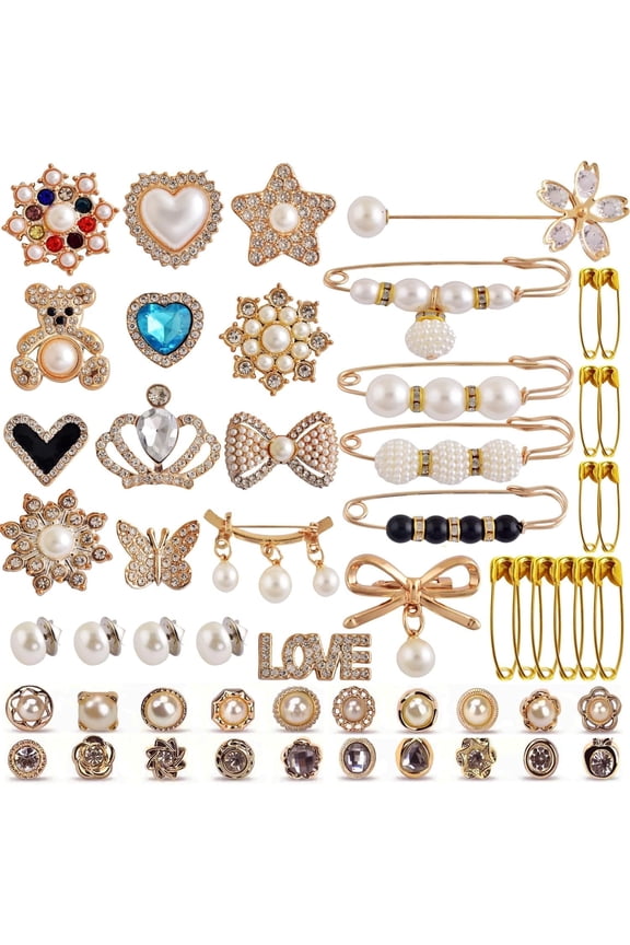 Charms for Socks Safety Pin Brooch,55pcs Junk Sock Charms Pins Gold Bling Sock Jewelry Charms,Brooch Pins for Socks,Pearl Rhinestone Brooch Pins Costom Shoe Sock Charms Kit Bulk for Hat Clothes
