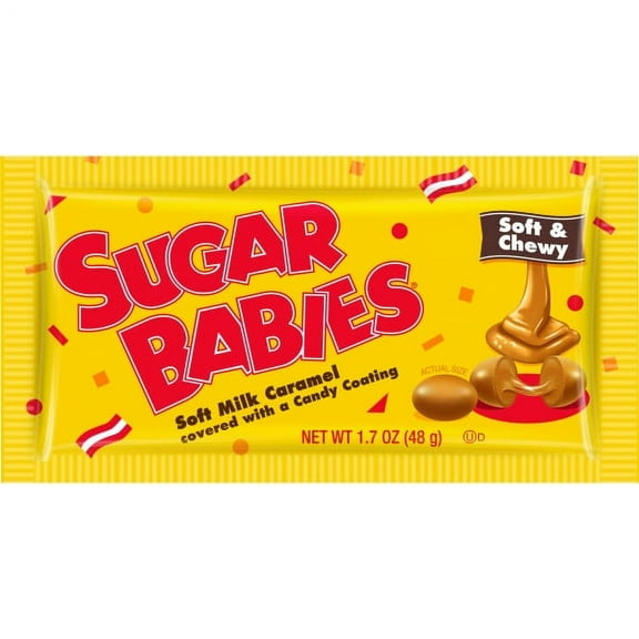 Charms Sugar Babies 1.7 oz Pouch. Soft & Chewy Candy-Coated Milk Caramel. Peanut Free and Gluten Free. Egg May Be Present.