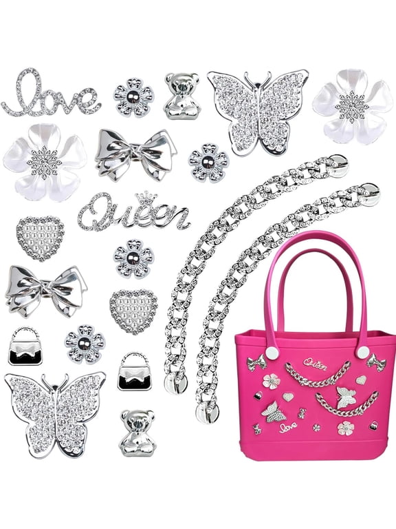 Charms for Bogg Bag,Pearls,Butterfly Flowers and Chain for Bogg Bag Accessories Charms(20 pcs) Silver