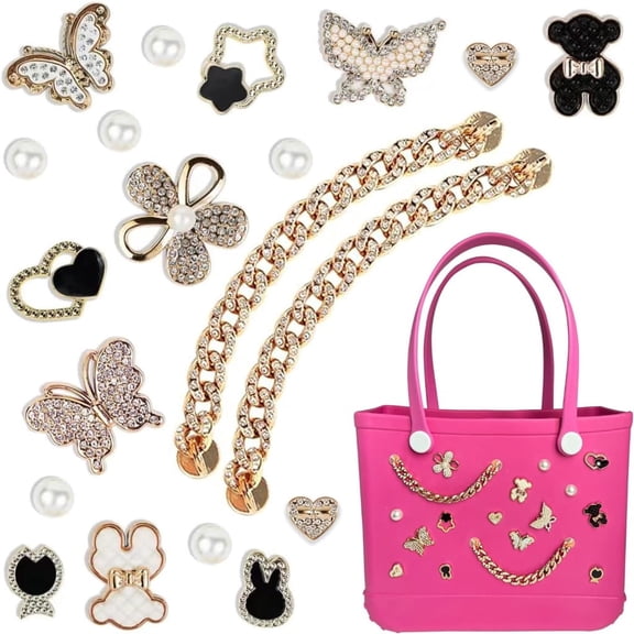 Charms for Bogg Bag,Pearls,Butterfly Flowers and Chain for Bogg Bag Accessories Charms(20 pcs)