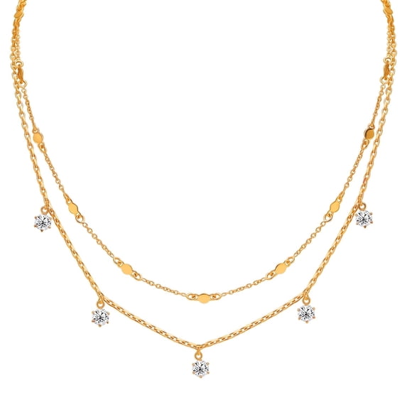 Charmsy 14K Gold Plated CZ Necklace for Women | Double Layered Cable Chain Cubic Zirconia Charm Multi Strand | Size 16 Inch