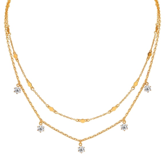 Charmsy 14K Gold Plated CZ Necklace for Women | Double Layered Cable Chain Cubic Zirconia Charm Multi Strand | Size 16 Inch