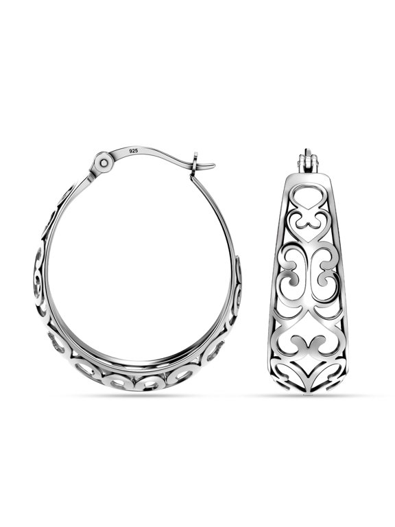 25mm Filigree Heart Hoop Earrings for Women – Antique Finish Click-Top Hoops