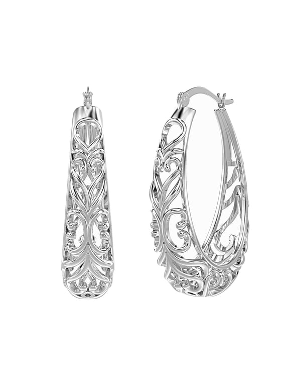 925 Sterling Silver Post Filigree Hoop Earrings for Women | Medium Lightweight Oval Click-Top Hoops Earring | Size 32MM