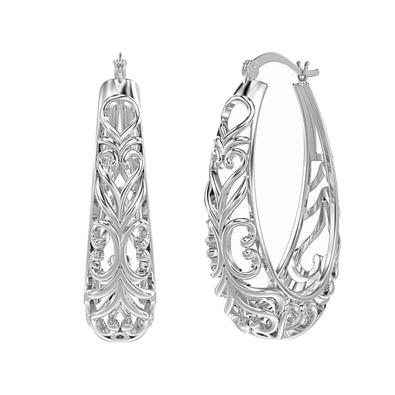 Charmsy 925 Sterling Silver Post Filigree Hoop Earrings for Women | Medium Lightweight Oval Click-Top Hoops Earring | Size 32MM
