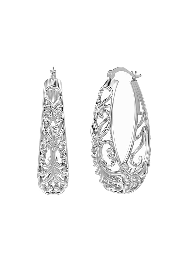 925 Sterling Silver Post Filigree Hoop Earrings for Women | Medium Lightweight Oval Click-Top Hoops Earring | Size 32MM