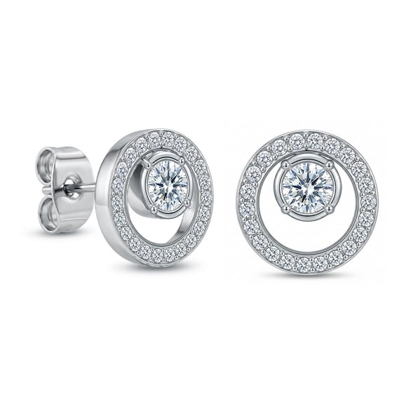 Charmsy Cubic Zirconia Circle Stud Earrings for Women | Rhodium-Plated Classic Push Back Earrings 10MM