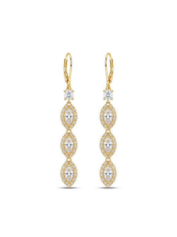 Cubic Zirconia Earrings for Women | Gold Plated Marquise CZ Leverback Earrings